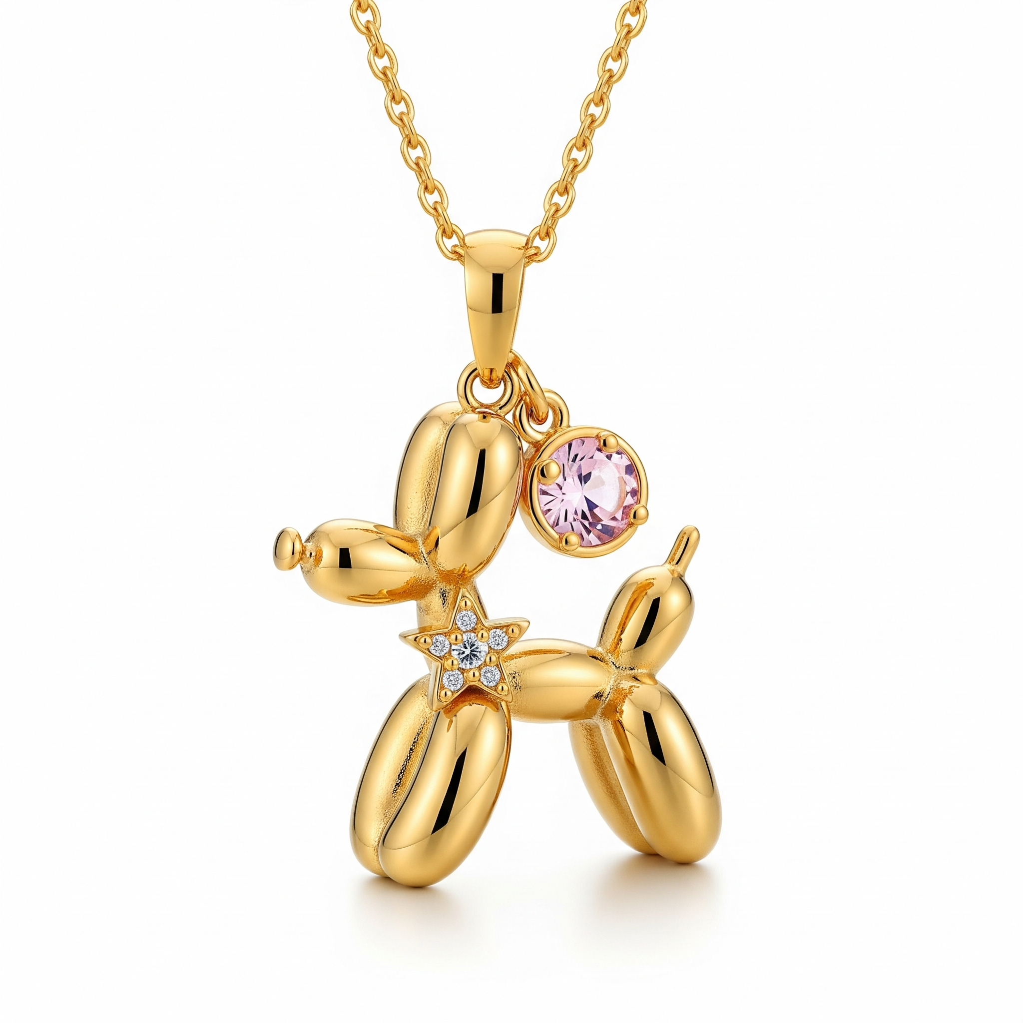 Balloon Dog Pendant Necklace with Star and Pink Crystal Charm in Stainless Steel
